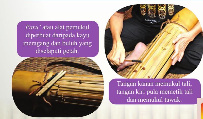 Pratuokng: pemukul paru' diletakkan di atas buluh, dan seorang pemain memukul tali dengan tangan kanan sambil memetik tali dengan tangan kiri