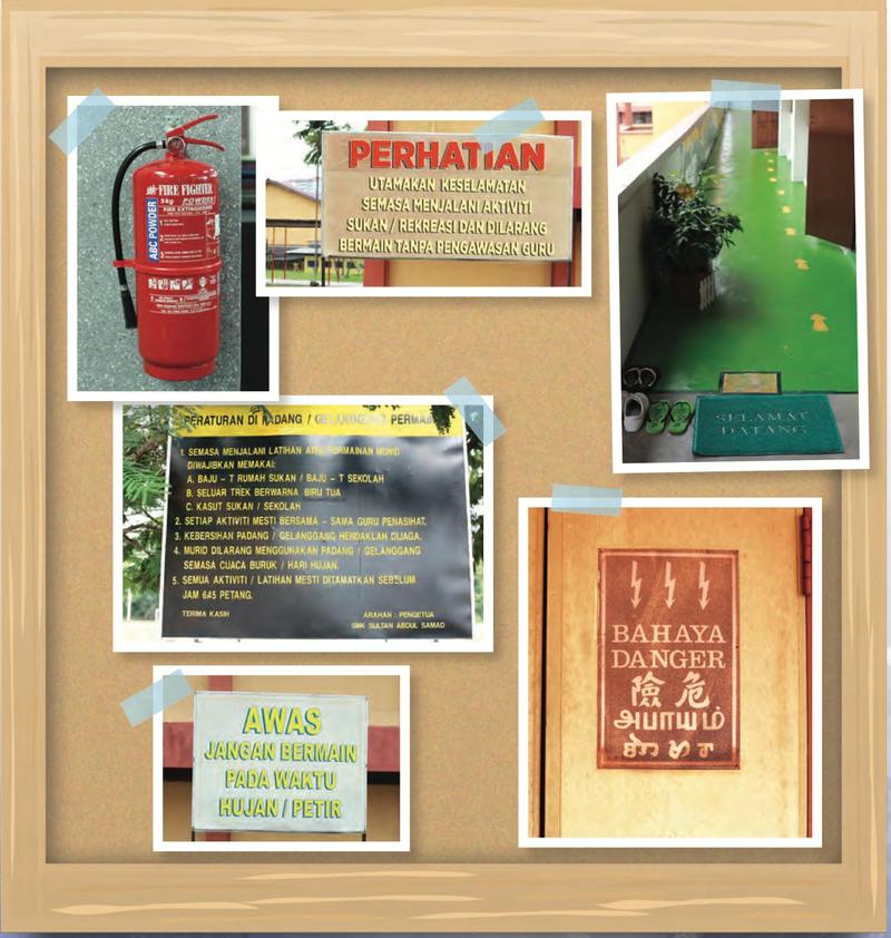 Papan kenyataan dengan gambar alat pemadam api, papan tanda Perhatian, lorong sekolah, peraturan padang, papan Awas dan papan Bahaya