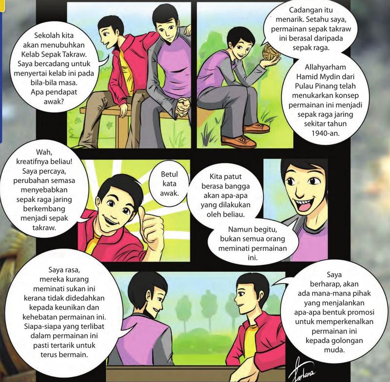 Komik enam petak: dua remaja berbual tentang kelab sepak takraw, asal permainan daripada sepak raga dan usaha Allahyarham Hamid Mydin