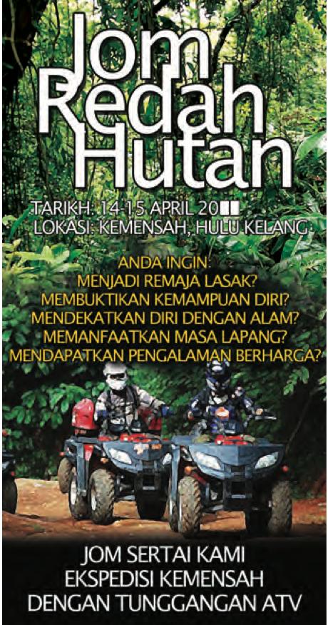 Poster Jom Redah Hutan dengan dua penunggang ATV di jalan tanah di dalam hutan