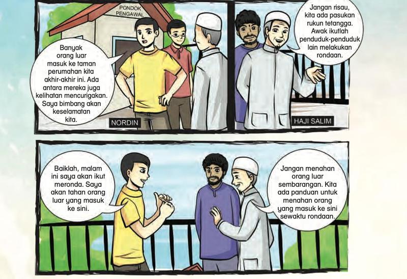 Komik: Nordin memberitahu Haji Salim bahawa ramai orang luar masuk ke taman perumahan; Haji Salim berkata mereka ada pasukan rukun tetangga dan panduan untuk menahan orang luar semasa rondaan