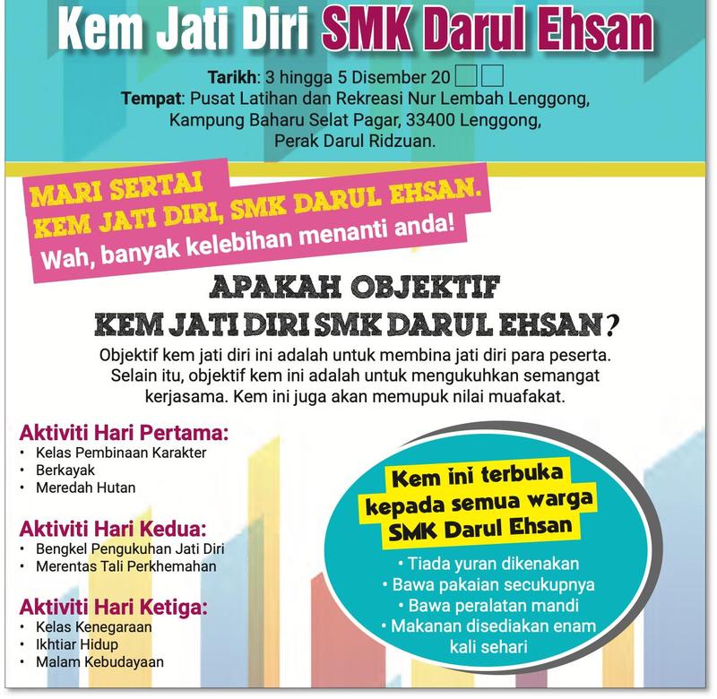 Poster Kem Jati Diri SMK Darul Ehsan dengan tarikh, tempat, objektif kem dan aktiviti tiga hari