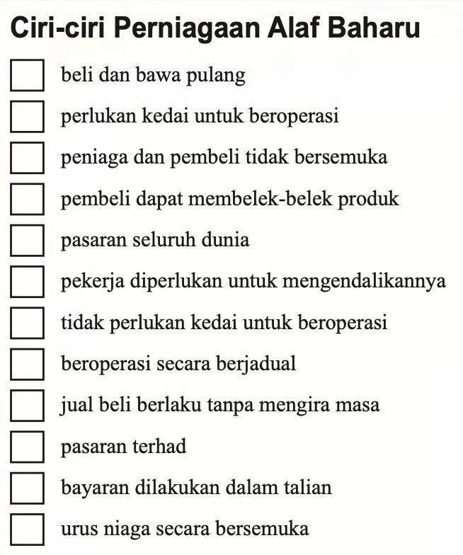 Senarai dua belas ciri perniagaan, setiap satu dengan kotak semak, daripada beli dan bawa pulang hingga urus niaga secara bersemuka