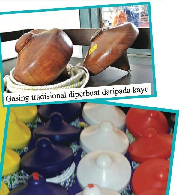 Gasing kayu tradisional di atas, dan gasing plastik berwarna kuning, biru tua, putih dan merah di bawah