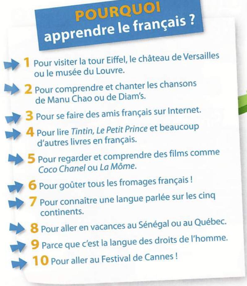 The book's list of ten reasons for learning French, numbered 1 to 10 with blue arrows, under the title Pourquoi apprendre le français