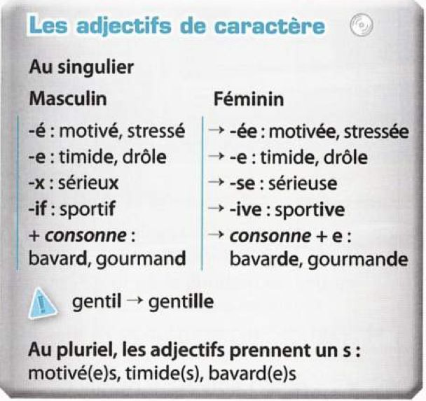 Textbook table of character adjectives: masculine and feminine endings