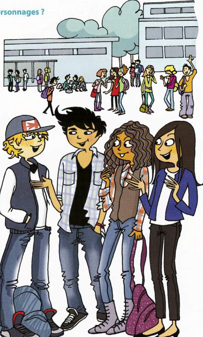 Cartoon of four teenagers talking in front of the school: Étienne in a Canada cap, Wassim, Émilie and Manon
