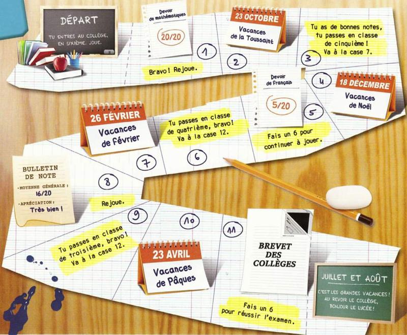 Board game path through the school year with homework marks, holidays, the brevet and the summer holidays