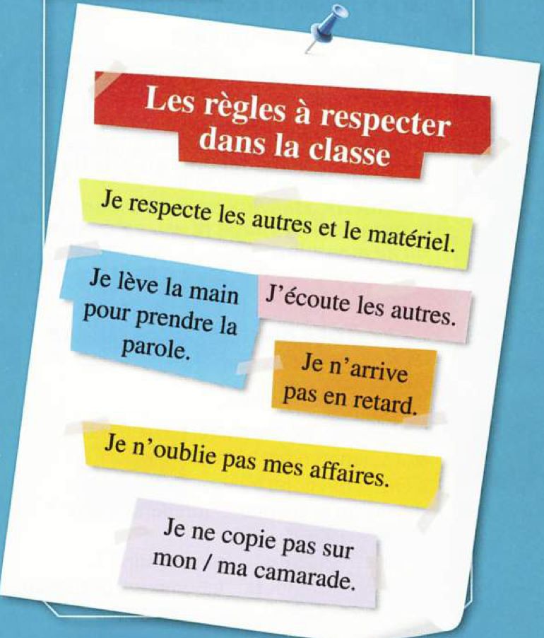 Poster of rules to respect in class: respect others and materials, raise your hand, listen, do not arrive late, do not forget your things, do not copy