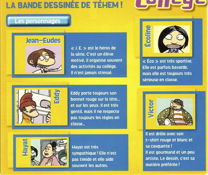 Portraits of five comic strip characters: Jean-Eudes, Eddy, Hayat, Écoline and Victor, each with a short description