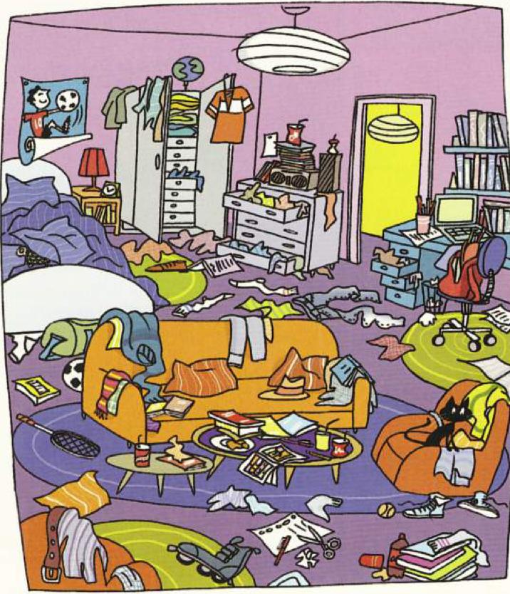 Drawing of a very untidy bedroom with a bed, a wardrobe, a chest of drawers, a desk, an orange sofa, a coffee table and a cat on a beanbag
