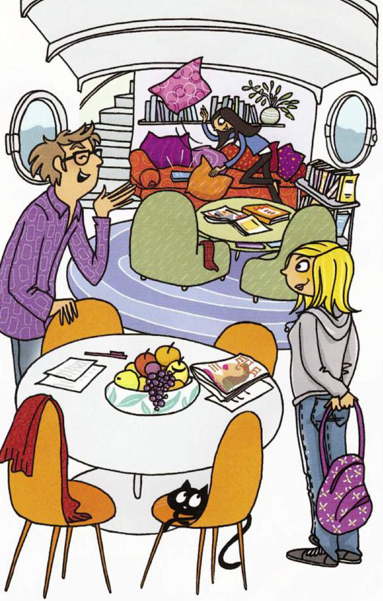 Drawing of the living room of Manon's houseboat with a round table and fruit bowl in front, two armchairs around a small table, a sofa and shelves behind
