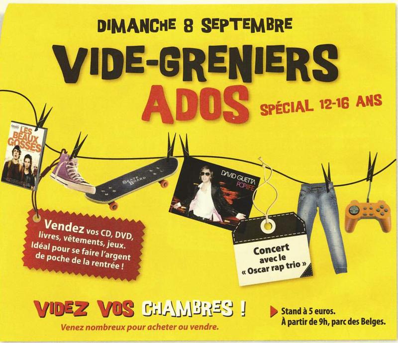 Yellow poster for a teenagers' car boot sale, Sunday 8 September, with a CD, trainers, skateboard, jeans and a game controller on a washing line