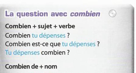 Grammar box: combien plus subject plus verb; combien est-ce que tu dépenses; tu dépenses combien; combien de plus noun
