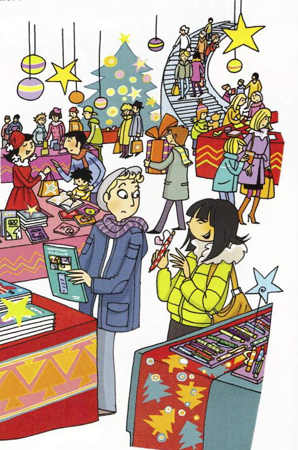 Drawing of a crowded Christmas shop with a tree, a boy holding a comic book and a girl holding a pen