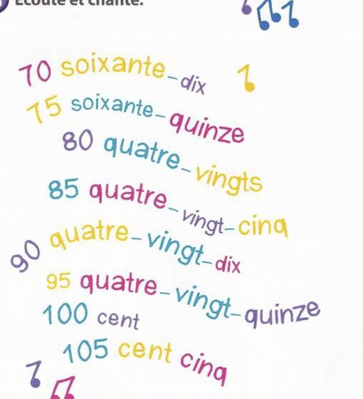 Song lyrics written in colours: 70 soixante-dix, 75 soixante-quinze, 80 quatre-vingts, 85 quatre-vingt-cinq, 90 quatre-vingt-dix, 95 quatre-vingt-quinze, 100 cent, 105 cent cinq