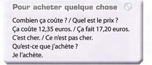 Box of useful phrases for buying: how much does it cost, it costs 12.35 euros, it is expensive, what do I buy, I buy it