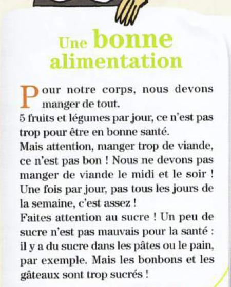 Magazine article: Une bonne alimentation, with advice on fruit and vegetables, meat and sugar