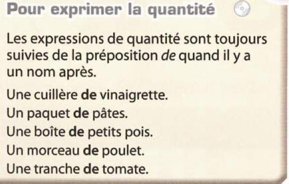Box: Pour exprimer la quantité, quantity expressions followed by de, with five examples