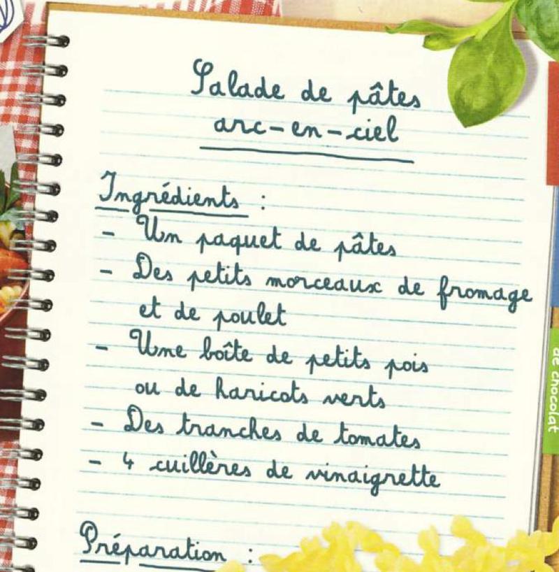 Akiko's handwritten recipe: Salade de pâtes arc-en-ciel, with a list of ingredients