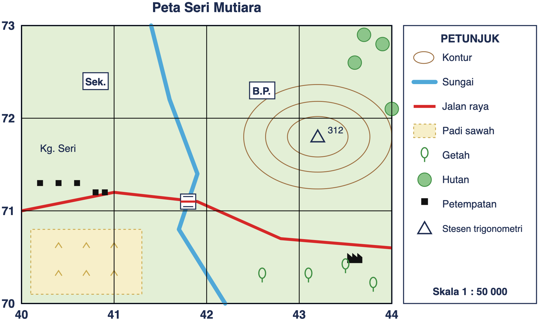 Peta Seri Mutiara bergrid dengan garisan timuran 40 hingga 44 dan garisan utaraan 70 hingga 73