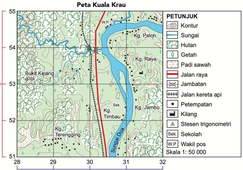 Peta Kuala Krau dengan garisan timuran 28 hingga 32 dan garisan utaraan 51 hingga 55
