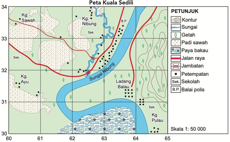 Peta Kuala Sedili dengan sungai, paya bakau, padi sawah, getah, jalan raya dan petempatan