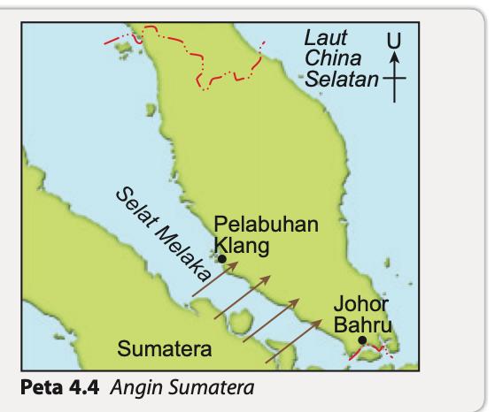 Peta Angin Sumatera dari Sumatera menyeberangi Selat Melaka ke Pelabuhan Klang dan Johor Bahru