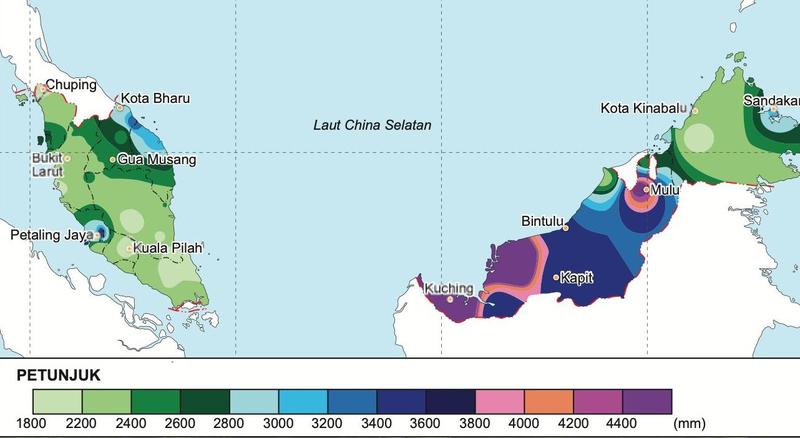 Peta taburan hujan tahunan di Malaysia 2016 dengan lajur warna 1800 hingga 4400 mm