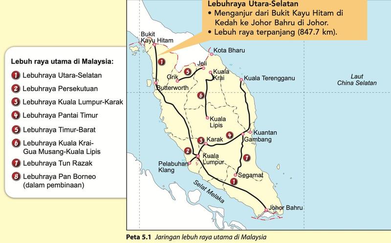 Peta Semenanjung Malaysia dengan lapan lebuh raya utama bernombor 1 hingga 8 dan senarai namanya