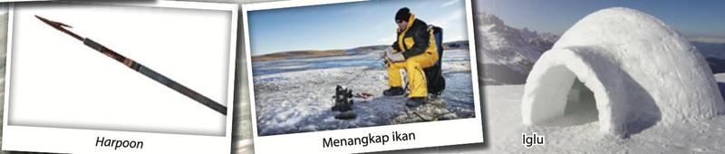 Harpoon, seorang lelaki menangkap ikan di atas ais dan sebuah iglu