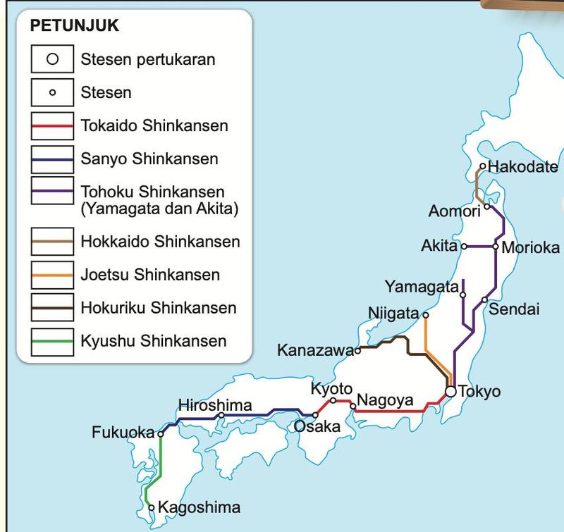 Peta landasan kereta api berkelajuan tinggi Jepun dari Hakodate ke Kagoshima dengan legenda lapan laluan