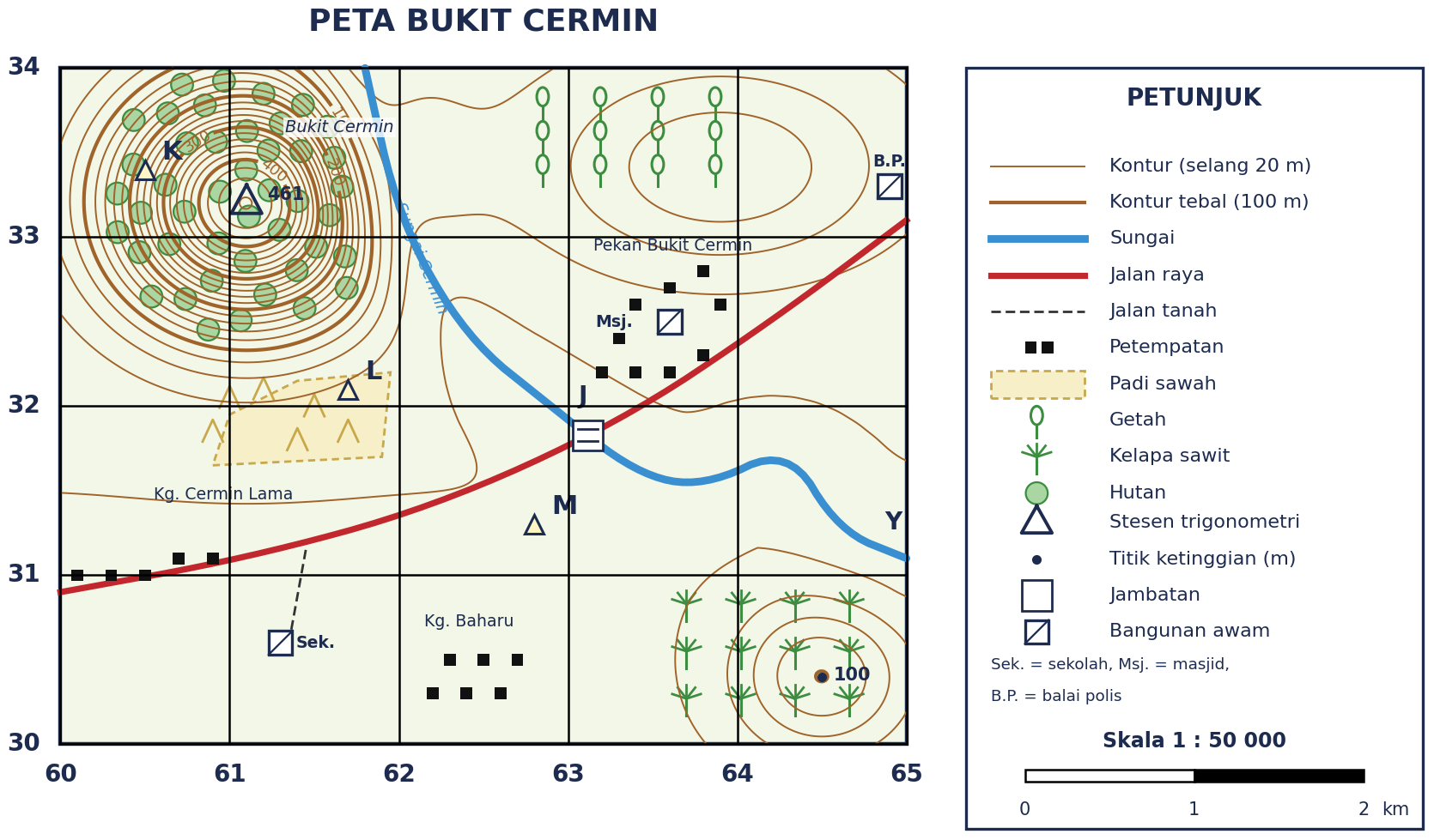 Peta topografi Bukit Cermin dengan grid timuran 60 hingga 65 dan utaraan 30 hingga 34. Tanah tinggi berhutan dengan kontur rapat dan stesen trigonometri 461 di barat laut; Sungai Cermin mengalir dari utara ke tenggara; jalan raya dari barat ke timur laut dengan jambatan J; padi sawah di barat tengah; getah di timur laut; kelapa sawit dan bukit kecil 100 m di tenggara; sekolah di selatan, masjid dan balai polis di timur; tiga tapak K, L dan M