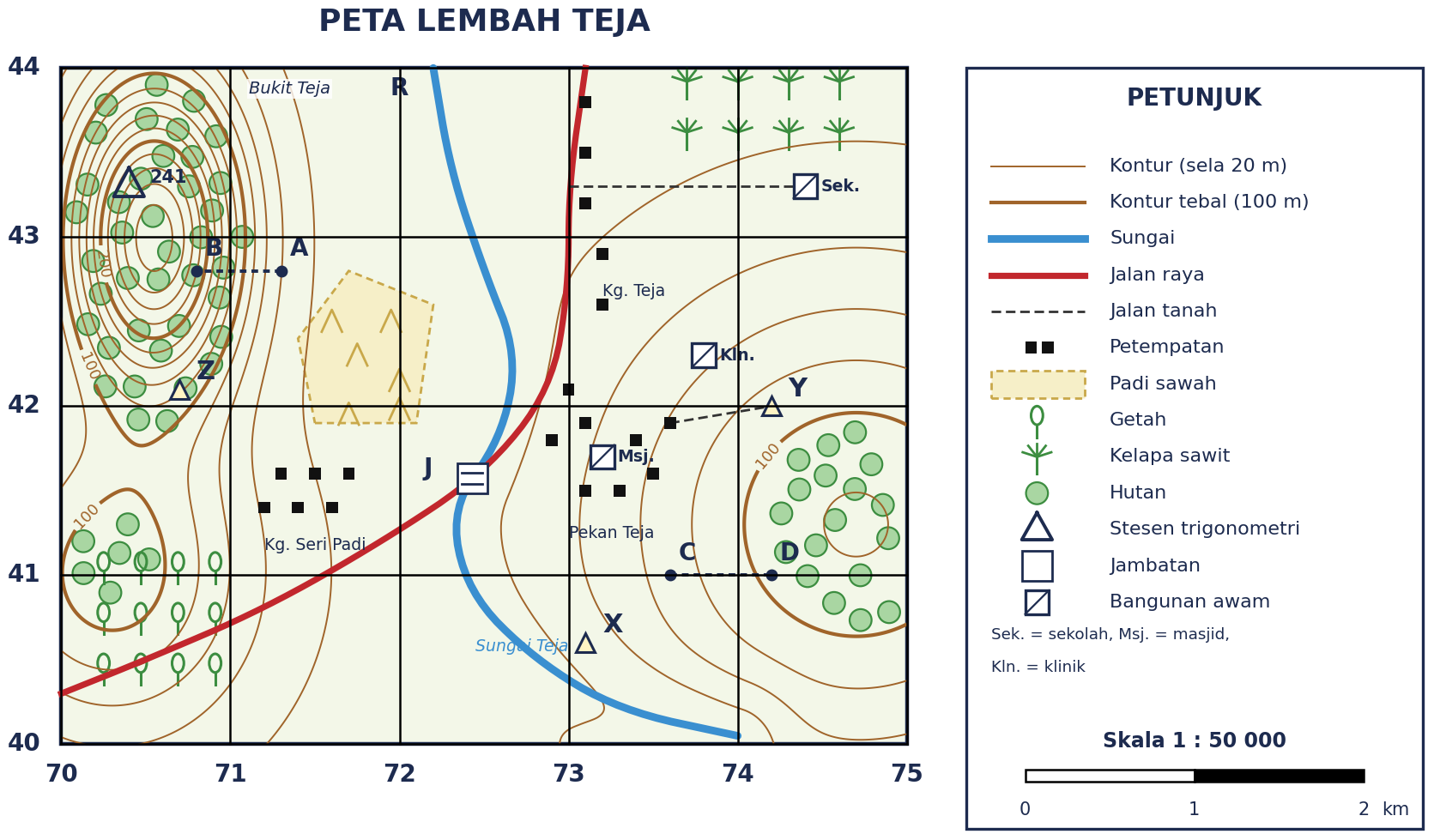 Peta topografi Lembah Teja dengan grid timuran 70 hingga 75 dan utaraan 40 hingga 44. Bukit tinggi dengan kontur sangat rapat dan stesen trigonometri 241 m di barat laut; Sungai Teja mengalir dari utara ke selatan dan tenggara; jalan raya dari utara ke barat daya dengan jambatan J; padi sawah di barat sungai; Kg. Seri Padi di barat, Pekan Teja dengan masjid di timur sungai, Kg. Teja berjajar di sepanjang jalan; klinik dan sekolah di timur laut; bukit rendah berkontur jarang di timur; tapak X di tepi sungai di selatan, Y di cerun bukit timur dan Z di cerun bukit barat