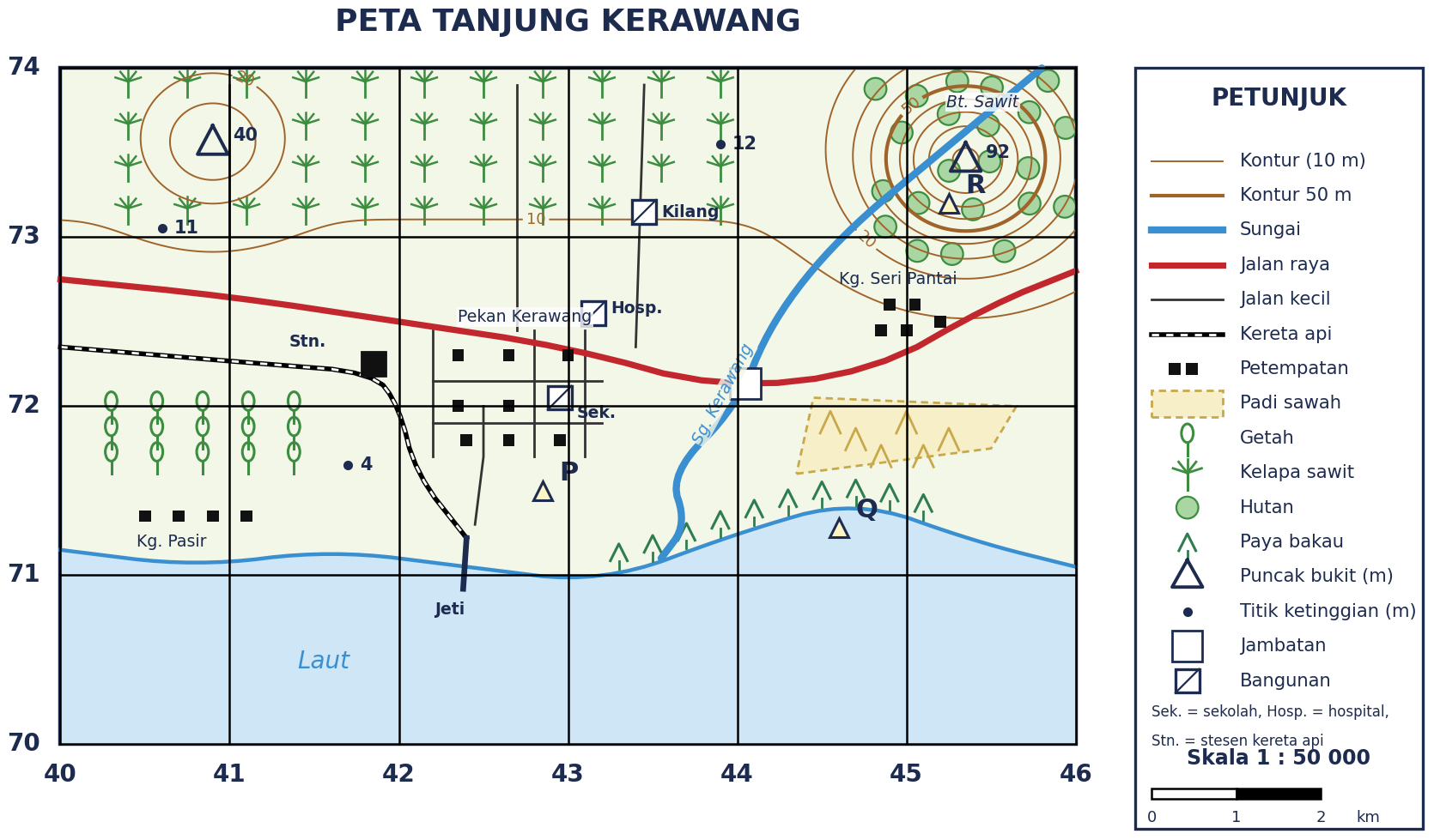 Peta topografi Tanjung Kerawang dengan grid timuran 40 hingga 46 dan utaraan 70 hingga 74. Laut di bahagian selatan dengan jeti di segi empat grid 4271; Sungai Kerawang mengalir dari timur laut ke muara di pantai; jalan raya dari barat ke timur melintasi jambatan; landasan kereta api dari barat ke jeti; Pekan Kerawang dengan banyak jalan kecil berhampiran stesen; kelapa sawit dan kilang di utara; getah di barat; padi sawah di timur; paya bakau di pantai; Bt. Sawit 92 m berhutan di timur laut; tiga tapak P, Q dan R
