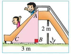 Papan gelongsor dengan titik A di atas, titik C di hujung bawah dan titik B di bawah A; AB ialah 2 m dan CB ialah 3 m