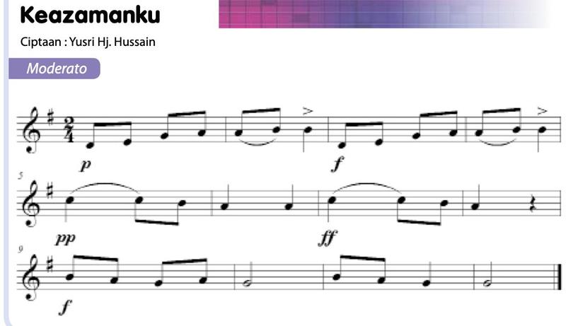 Skor Keazamanku dalam meter 2/4: tempo Moderato, simbol p, f, pp, ff, tanda tekanan, slur dan tie