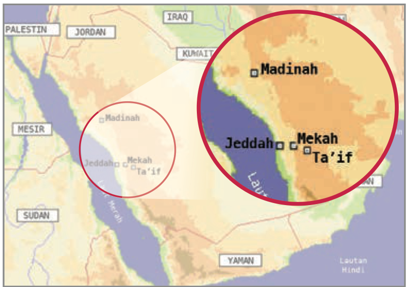 Peta Tanah Arab: Madinah, Jeddah, Mekah dan Ta'if