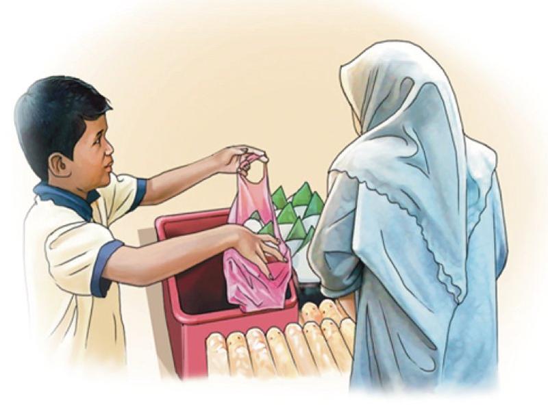Seorang budak lelaki menjual kuih kepada seorang wanita berhijab