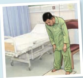 Ilustrasi pesakit berdiri menundukkan badan untuk rukuk di tepi katil