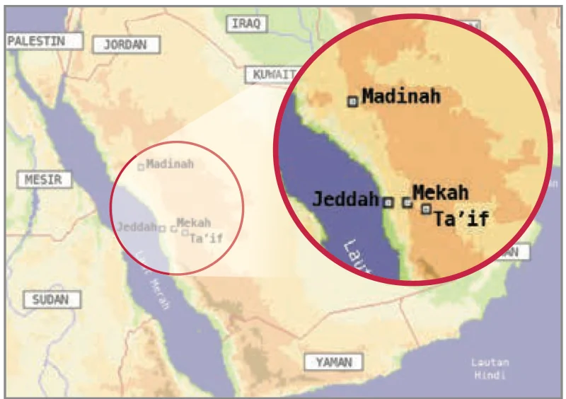 Peta Tanah Arab dengan Madinah, Mekah, Jeddah dan Ta'if