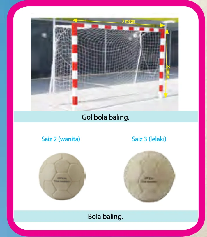 Gol bola baling 3 meter lebar dan 2 meter tinggi, bola saiz 2 untuk wanita dan saiz 3 untuk lelaki