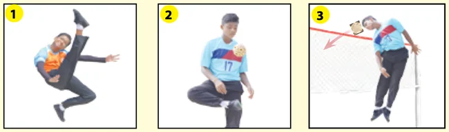 Tiga gambar: pemain melibas dengan kaki tinggi, pemain menimang bola dengan kaki diangkat, pemain menanduk bola di tepi jaring