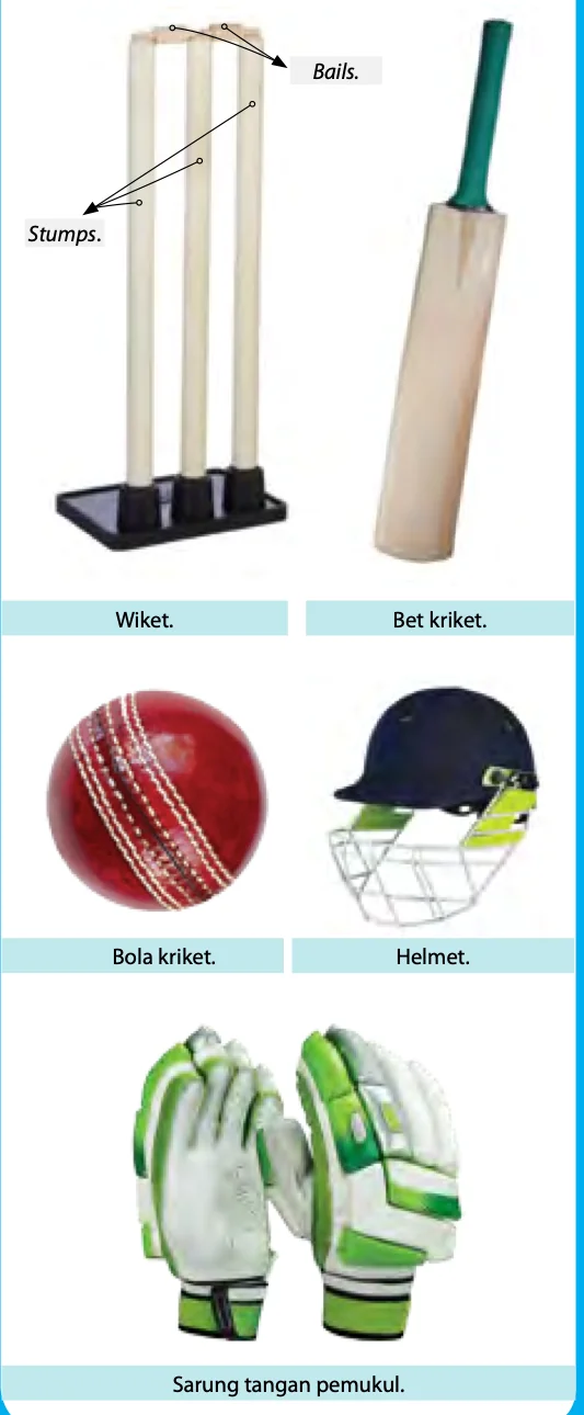 Wiket dengan stumps dan bails, bet kriket, bola kriket, helmet dan sarung tangan pemukul