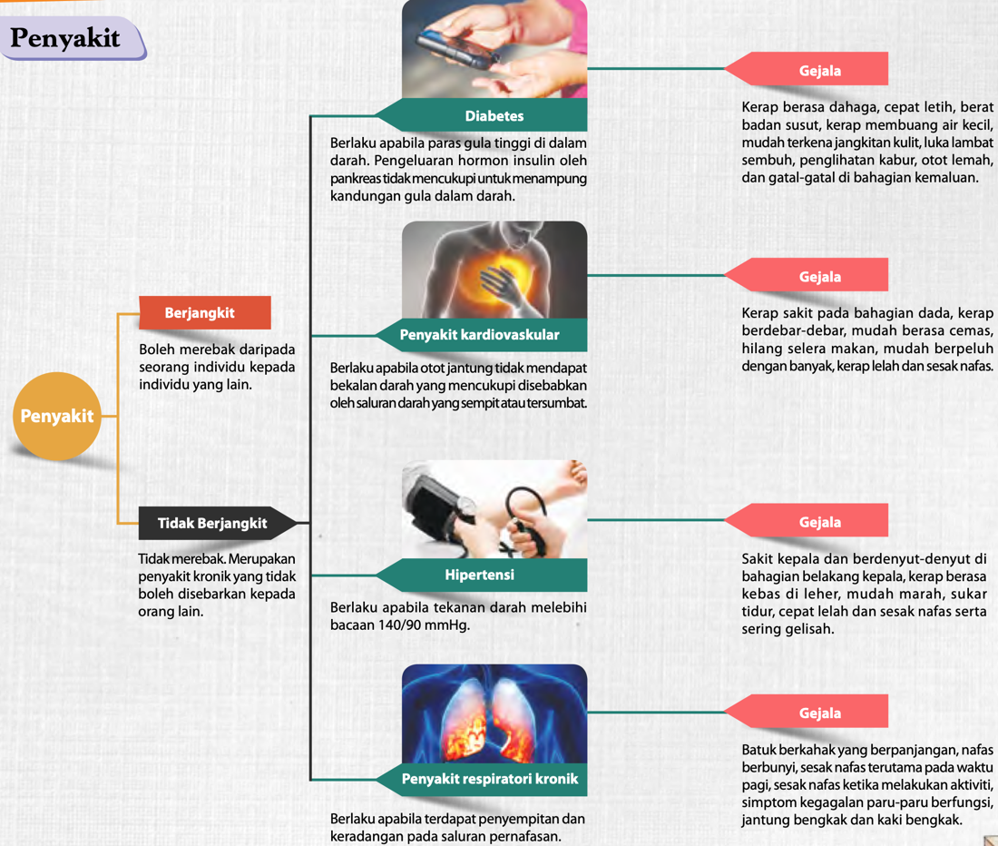 Peta konsep penyakit: berjangkit dan tidak berjangkit; diabetes, penyakit kardiovaskular, hipertensi dan penyakit respiratori kronik dengan maksud dan gejala