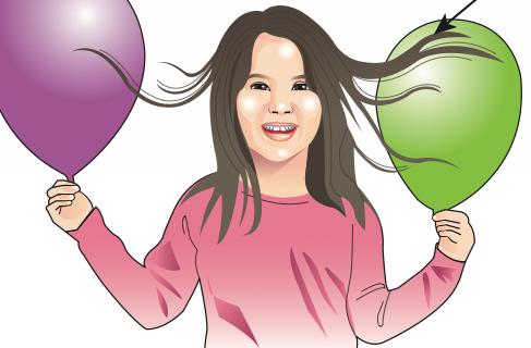 Seorang kanak-kanak memegang dua belon yang menarik helaian rambutnya
