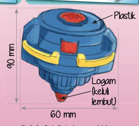 Lakaran akhir gasing berwarna biru, tinggi 90 mm dan lebar 60 mm, bahagian atas plastik dan hujung bawah logam keluli lembut