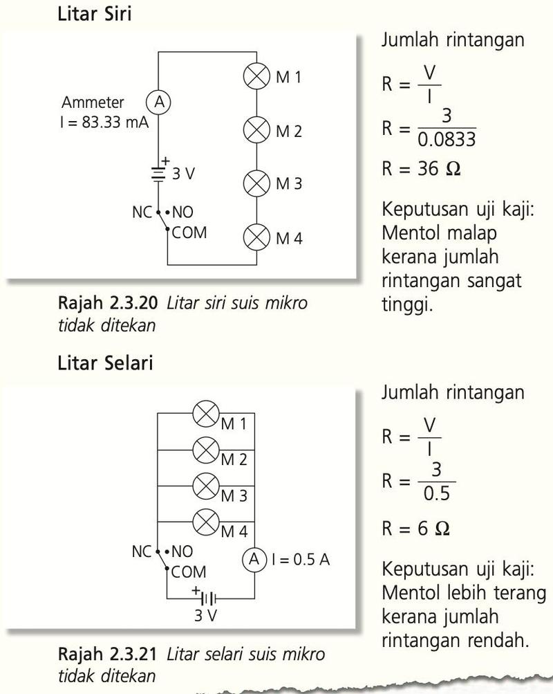 Litar siri dengan arus 83.33 miliampere dan litar selari dengan arus 0.5 ampere, kedua-duanya dengan empat mentol dan suis mikro