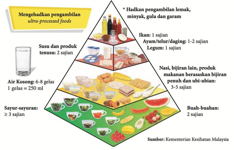 Piramid Makanan Malaysia 2020: sayur-sayuran 3 sajian atau lebih dan buah-buahan 2 sajian di dasar; nasi, bijirin lain, makanan berasaskan bijirin penuh dan ubi-ubian 3 hingga 5 sajian; susu dan produk tenusu 2 sajian; ikan 1 sajian, ayam, telur, daging 1 hingga 2 sajian, legum 1 sajian; di puncak, hadkan lemak, minyak, gula dan garam; air kosong 6 hingga 8 gelas sehari