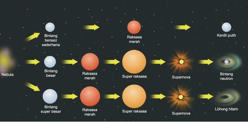 Kitar hidup bintang: nebula menjadi bintang bersaiz sederhana, raksasa merah dan kerdil putih; bintang besar menjadi raksasa merah, super raksasa, supernova dan bintang neutron; bintang super besar menjadi raksasa merah, super raksasa, supernova dan lohong hitam